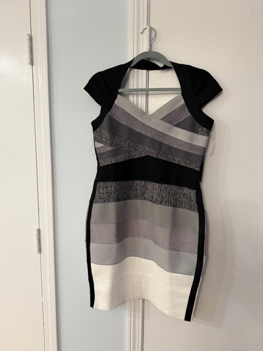 VENUS Black, Gray and White Striped Cap-Sleeve Bandage Dress